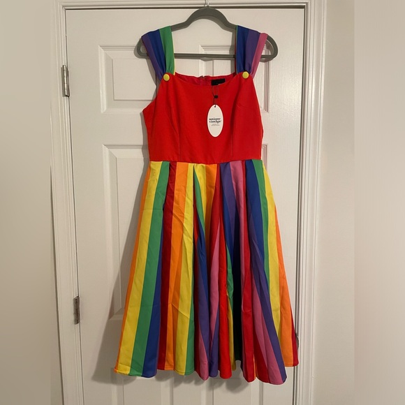 NWT Unique Vintage Red & Rainbow Stripe Swing Dress - Picture 8 of 8